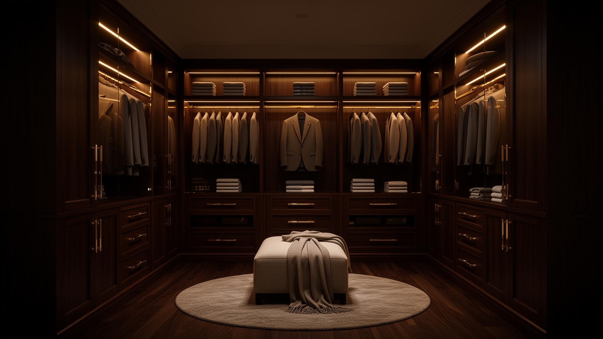 A grand dark walnut walk-in wardrobe with brass detailing
